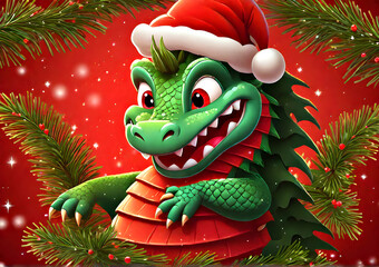 Cartoon cute green closeup dragon wearing red santa claus hat on red with bokeh and lights background. Merry Christmas card with cute dragon. Generative AI