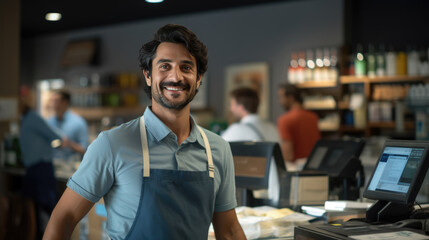 Wall Mural - Smiling male cashier at checkout counter with digital tablet in store