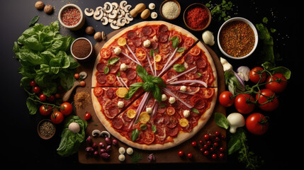 Wall Mural - Delicious pizza with different ingredients on wooden table, top view