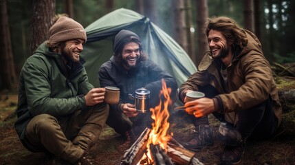 Group of male hikers around fire enjoying conversation by tent in autumn forest. Three young men with beards congregate around campfire sharing stories to make night memorable.