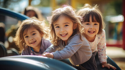 Sticker - Group of preschoolers talking and playing on the playground outside