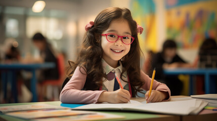 Canvas Print - Little preschooler sits at a desk with a pencil in his hand and learns to write in class