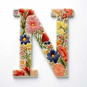 The letter n is decorated with colorful flowers. Embroidery effect, floral design.