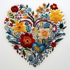 Wall Mural - A heart - shaped piece of embroidery with flowers on it. Embroidery effect on white backround.