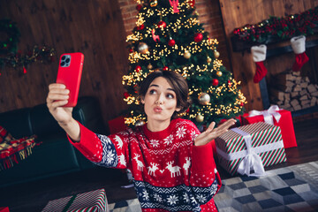 Poster - Photo of attractive young woman hold telephone take selfie dressed red sweater christmas room interior design tree decorated indoors