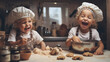happy, adorable laughing kids in the kitchen cooking delicious cookies