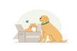 Sheltered animals, stray dog and homeless cat near charity box asking for support, donation or fundraising. Pet adoption, generosity, love concept. Flat vector illustration.