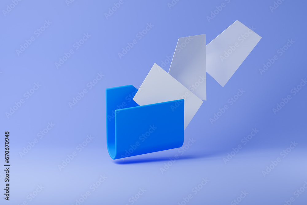 Blue computer folder with flying blank documents isolated over purple ...