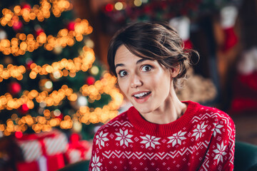 Poster - Photo of astonished funky lady brown bob hair excited wear red print warm sweater merry christmas magic santa claus isolated indoors