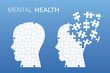 Silhouette human head with jigsaw split from head. Healthy mind. Problems of dementia. memory loss or decline icon, brain with puzzle, damage mind, forget thought,