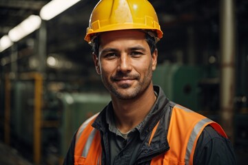 Wall Mural - Portrait of a roof construction bearded mature worker working on a roof, adorned in safety gear with autumn sun flares in the background. Generative AI.