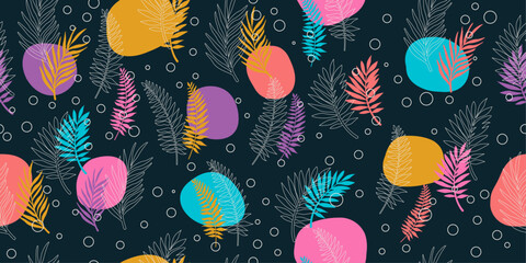 Leinwandbilder - Exotic leaves, colorful and beautiful pattern for decoration, print, pillows, wallpaper, notebooks.
Dark background and bright shapes with plant leaves.