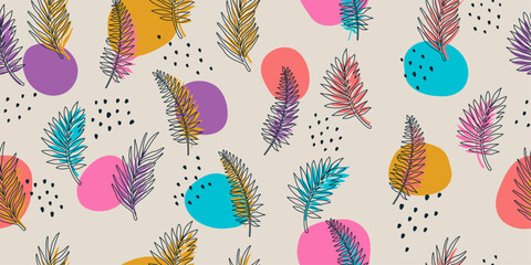 Leinwandbilder - Bright and stylish pattern with leaves and branches. Exotic leaves, colorful and beautiful pattern for decoration, print, pillows, wallpaper, notebooks.