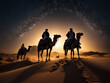 portrait of the three wise men crossing the desert under the stars on a camel