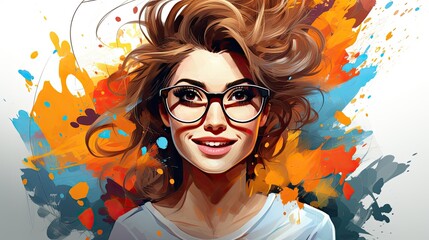 Fashionable woman with glasses. Bright portrait of a teenage girl. Young woman avatar in minimal art style