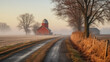 Misty morning glow illuminating a rural farm road, leading to a picturesque red barn in the distance