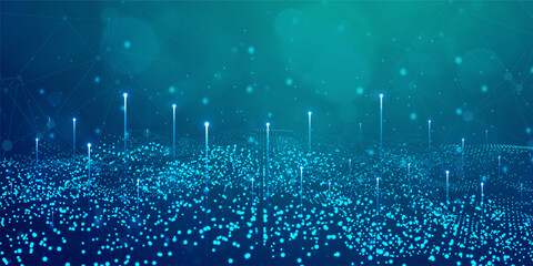 Digital technology internet network speed connection blue green background, cyber nano information, abstract communication, innovation future tech data, Ai big data lines dots, illustration vector 3d