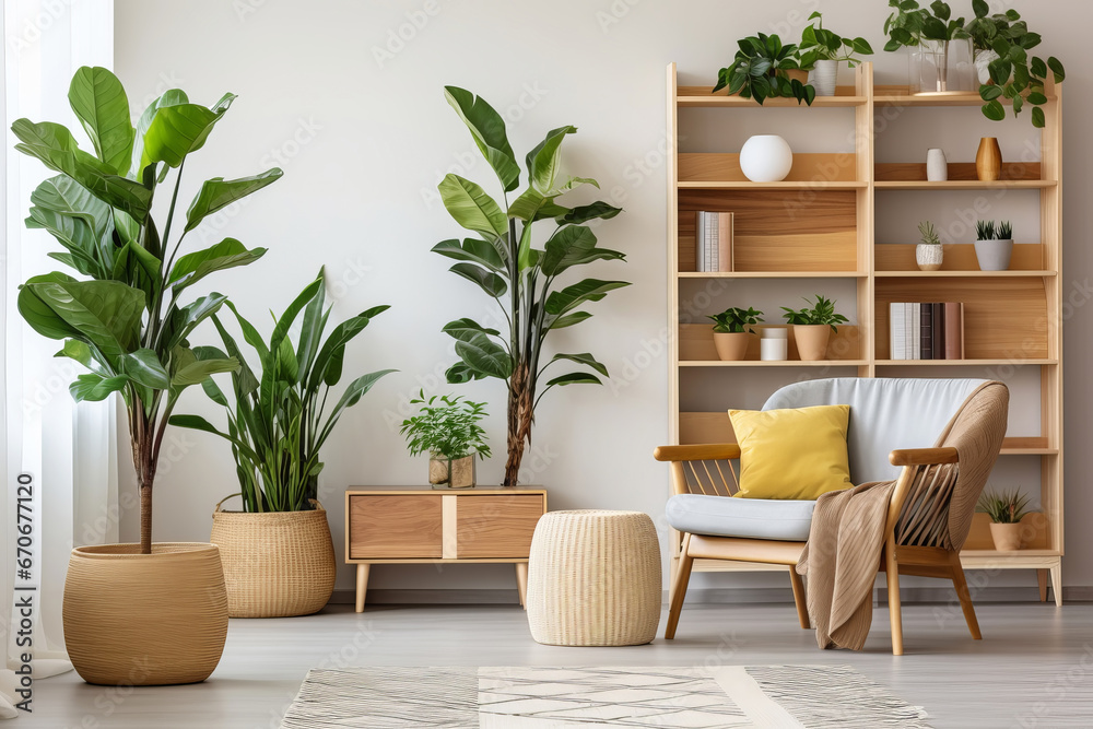 Minimal living room with indoor plants. Bright authentic home interior ...