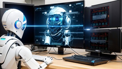 the robot is sitting at a table in front of a monitor. computer technology