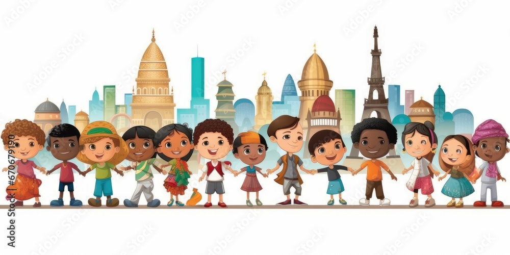 multicultural diverse children cartoon with city skyline of world ...