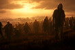 group of zombie standing in a field at summer sunrise or sunset. Neural network generated image. Not based on any actual person, scene or pattern.