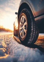 Winter Snowy Car Tires In The Snowing Winter Season On Wet Road. Generative Ai.