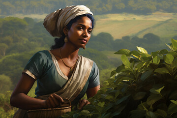 Sri Lankan tea picker in traditional attire. Tea Picker at Work. AI Generated.