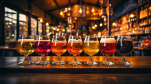Six Glasses Of Different Colored Beers Arranged On A Table