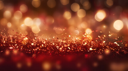 Wall Mural - Red and gold bokeh with elegant sparkling particles on dark background. Christmas Golden light shines dust. Seasonal light decorative abstract design element. Holiday concept