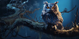 Fototapeta  - owl perched on a gnarled branch, hyper-detailed feathers and eyes, moonlit, dramatic shadows
