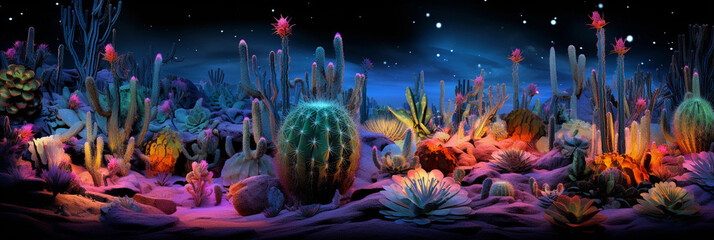 Naklejka na meble Psychedelic desert garden, cacti and succulents melting into fractal patterns, fluorescent colors, eerie luminescence