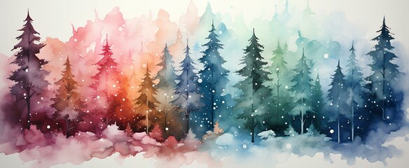 trendy and beautiful, snowy evergreen trees, Christmas motifs, colorful snowflakes, in the style of watercolor painting, vivid. generative AI