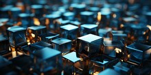 Abstract Background With Metal Texture Of Blue Cubes, Bright Neon Lights, Futuristic, Sharp Focus