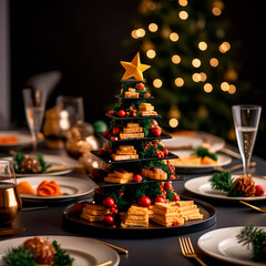 Christmas dinner with a table full of plates of food and desserts, with New Year decorations and Christmas tree in the background.