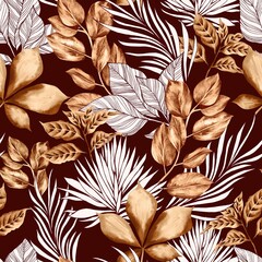 Watercolor leaves pattern, orange and yellow foliage, brown background, seamless