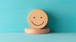 Round piece of wood with smiling face, blue background, happiness and joy. Generative AI