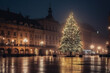 Huge christmas tree in the market square of a modern city. Christmas market. Generative AI
