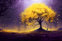 Yellow Tree In A Violet Forest