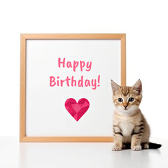 Wall Mural - A kitten sitting in front of a picture frame, text Happy Birthday.