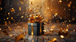 Luxurious Present gift box with golden foil bow and golden falling confetti 