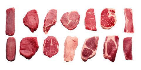 Wall Mural - Set of different raw steaks, top view, isolated