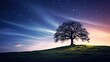  a lone tree sitting on top of a hill under a night sky filled with stars and a star filled sky.  generative ai
