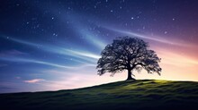  A Lone Tree Sitting On Top Of A Hill Under A Night Sky Filled With Stars And A Star Filled Sky.  Generative Ai