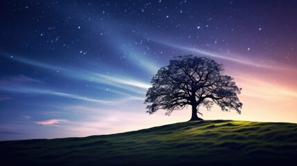 Sticker -  a lone tree sitting on top of a hill under a night sky filled with stars and a star filled sky.  generative ai