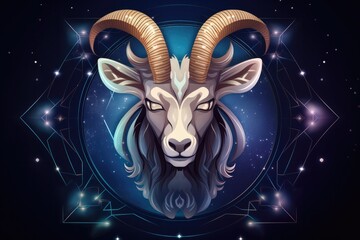 Wall Mural - Zodiac sign of capricorn head with magic light in star wheel , horoscope. Generative Ai.