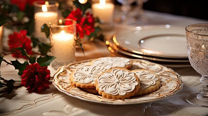 Poster -  a close up of a plate of cookies on a table next to a glass of water and a lit candle.  generative ai