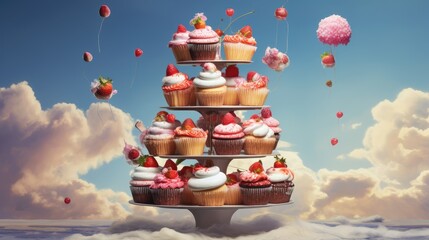 Sticker -  a tower of cupcakes with strawberries and strawberries on top of the cupcakes are floating in the air.  generative ai