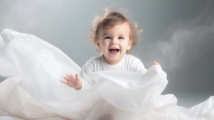 Wall Mural - Playful hyperactive cute white toddler misbehaving and making a huge, throwing around things. Studio light