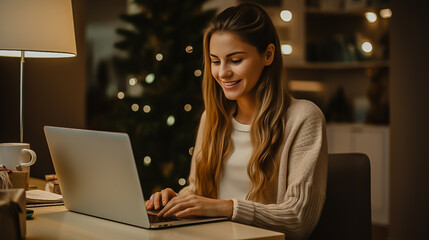 beautiful woman smiles, looks at her laptop, sits at home making online purchases gifts for the New Year