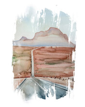 Watercolor Road  Illustration. Landscape With Mountains Background. Hand Painted Travel Concept Banner. Road Trip Card Design.